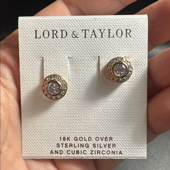 18k gold over sterling silver cubic zirconia earrings Lord & Taylor round studs - Picture 1 of 10